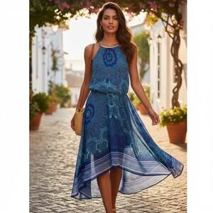 As U Wish Midi Dress Aqua Blue Paisley Handkerchief Hem Fairy Whimsical Sz 6